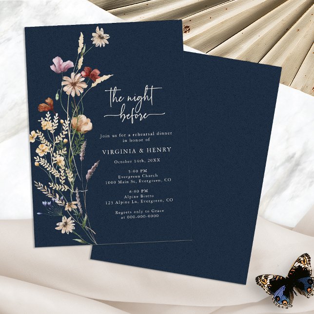 Navy Blue Elegante Probe Dinner Einladung (Navy Blue Boho Wildflower Elegant Rehearsal Dinner Invitation by Painted Paperie
)