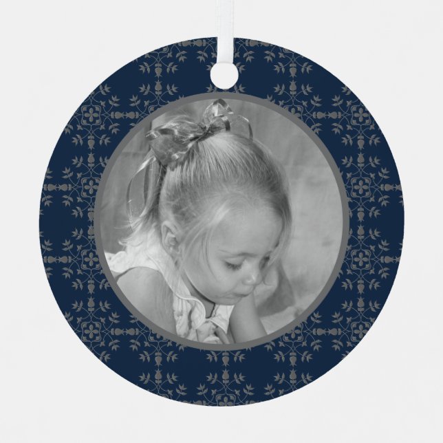 Navy Blue Elegante Snowflake Foto Weihnachten Ornament Aus Metall (Vorderseite)