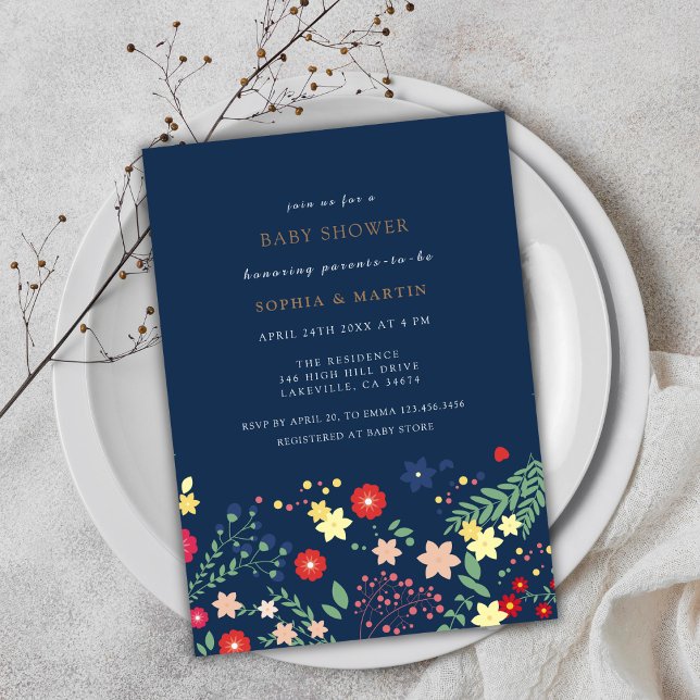 Navy Blue Elegante Wildblume Baby Shower Einladung (Navy Blue Elegant Wildflower Baby Shower Invitation)