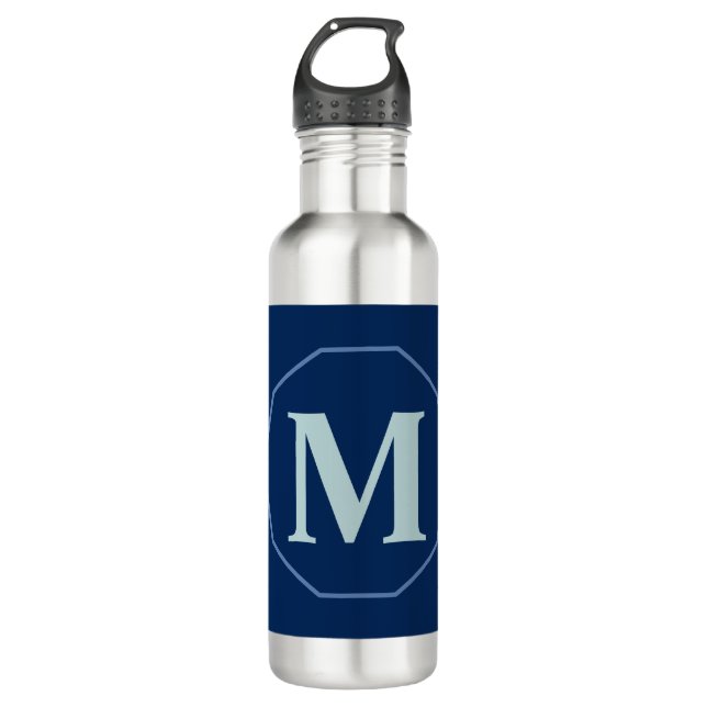Navy Blue eleganter Monogramm personalisiert Edelstahlflasche (Vorderseite)