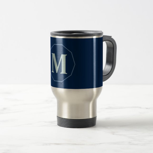 Navy Blue eleganter Monogramm personalisiert Reisebecher (VorderseiteRechts)