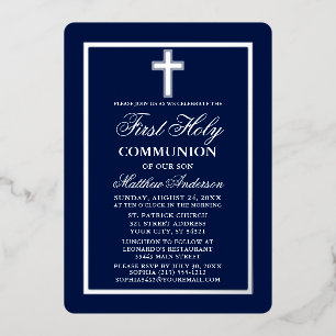 Navy-Blue Erstkommunion Kreuz Silber Folieneinladung