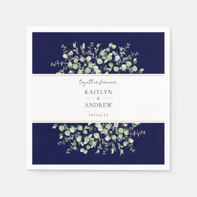 Navy Blue Eucalyptus Together Forever Wedding Serviette (Vorderseite)
