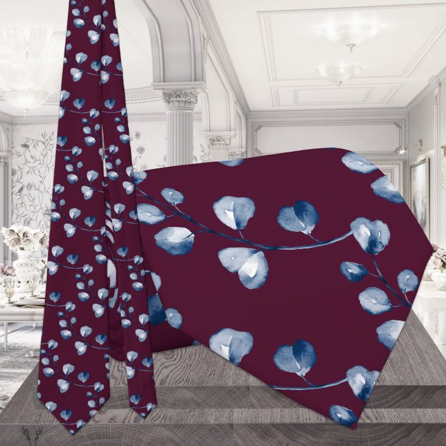 Navy Blue Eucalyptus Wedding Burgundy Neck Tie Krawatte (Von Creator hochgeladen)