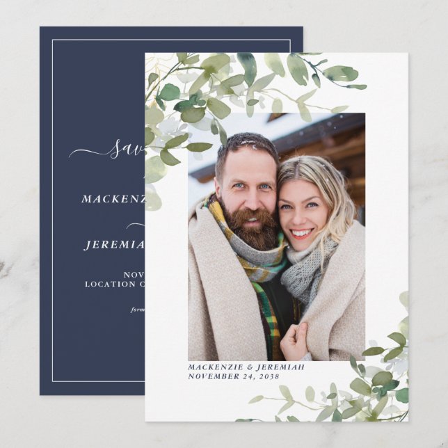 Navy Blue Eucalyptus Wedding Foto Save the Date (Vorne/Hinten)