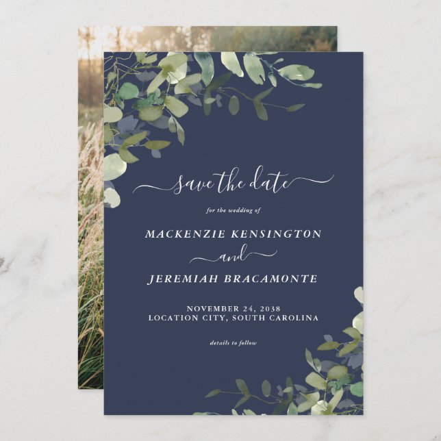 Navy Blue Eucalyptus Wedding Foto Save the Date (Vorne/Hinten)