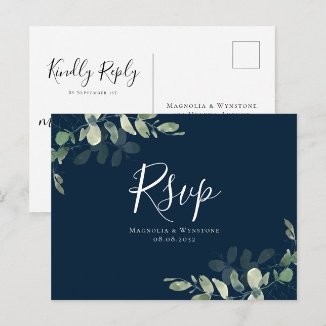 Navy Blue Eucalyptus Wedding RSVP Postkarte (Vorne/Hinten)
