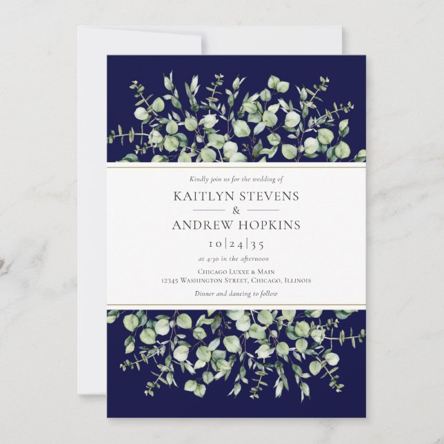 Navy Blue Eukalyptus-Hochzeit Einladung (Vorderseite)