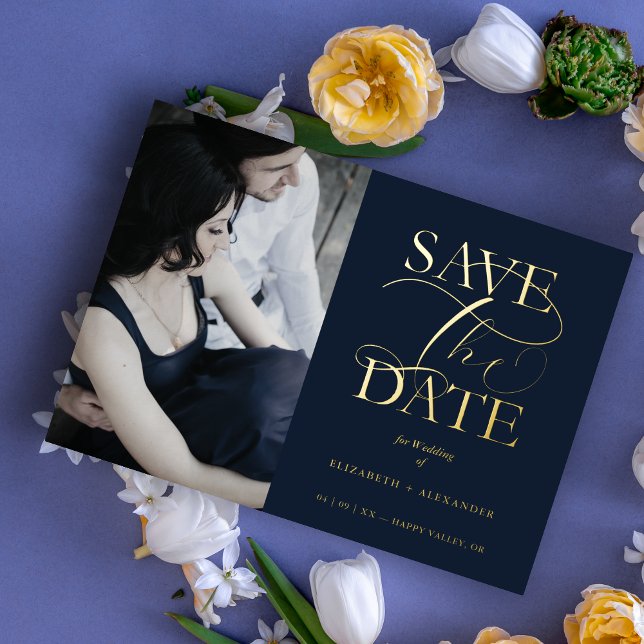 Navy Blue Fancy Trendy Photo Real Metallic Folieneinladung (Navy Blue Fancy Trendy Wedding Photo Real Metallic Foil Save the Date Card with Envelope.)