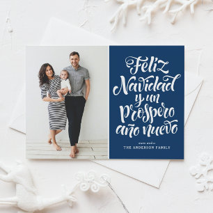 Navy Blue Feliz Navidad Script Weihnachts-Foto Feiertagskarte