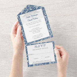 Navy Blue Filigree Paisley Henna Wedding RSVP All In One Einladung