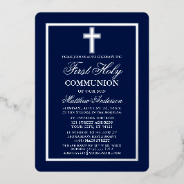 Navy Blue First Heilige Kommune Kreuz Silver Folieneinladung