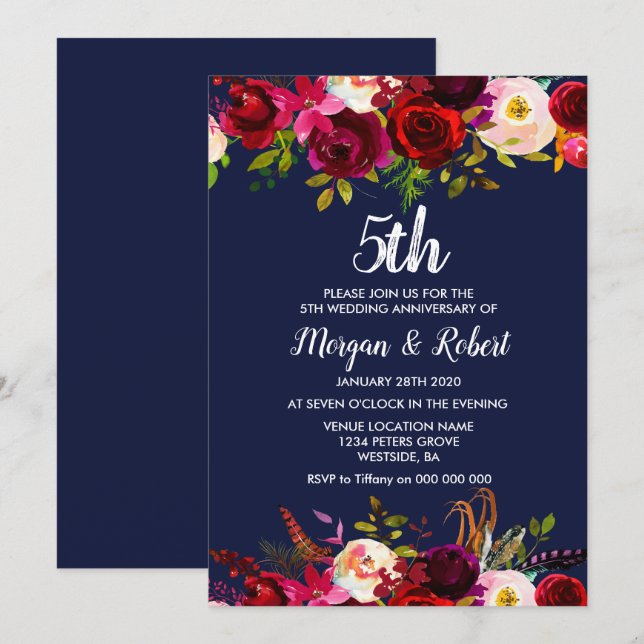 Navy Blue Floral 5. Hochzeitstag Einladung (Vorne/Hinten)