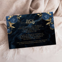 Navy Blue Floral Agate Gold Script Wedding Details