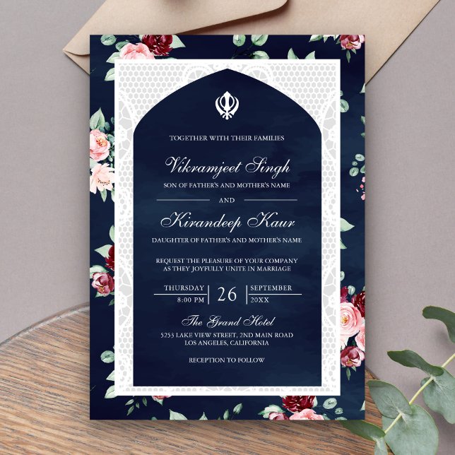 Navy Blue Floral Anand Karaj Punjabi Sikh Wedding Einladung (Von Creator hochgeladen)