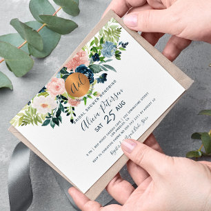 Navy Blue Floral Aquarell Monogram Brautparty Einladung