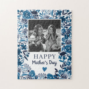Navy Blue Floral Aquarell niedlich Foto Mother Puzzle
