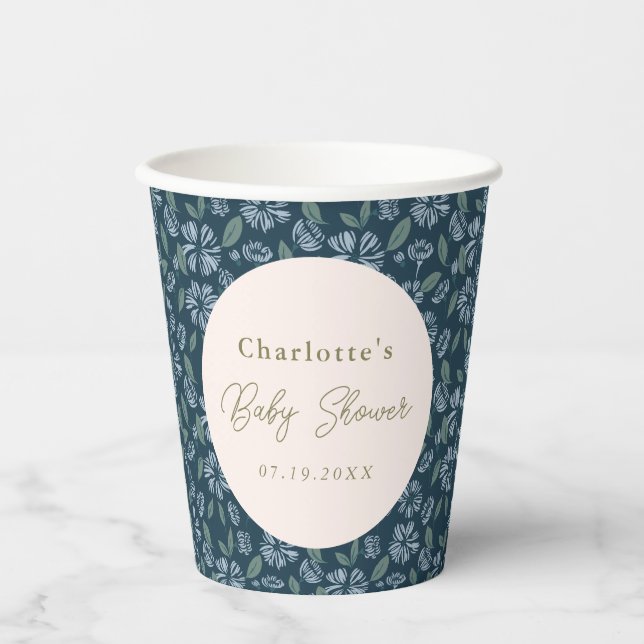 Navy Blue Floral Baby Dusche Custom Pappbecher (Vorderseite)