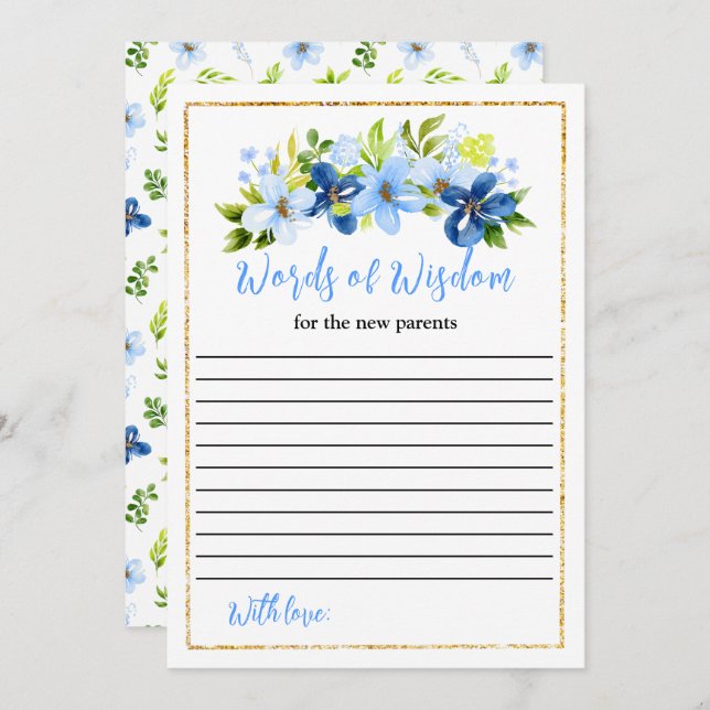 Navy Blue Floral Baby Shower Words Of Wisdom Einladung (Vorne/Hinten)