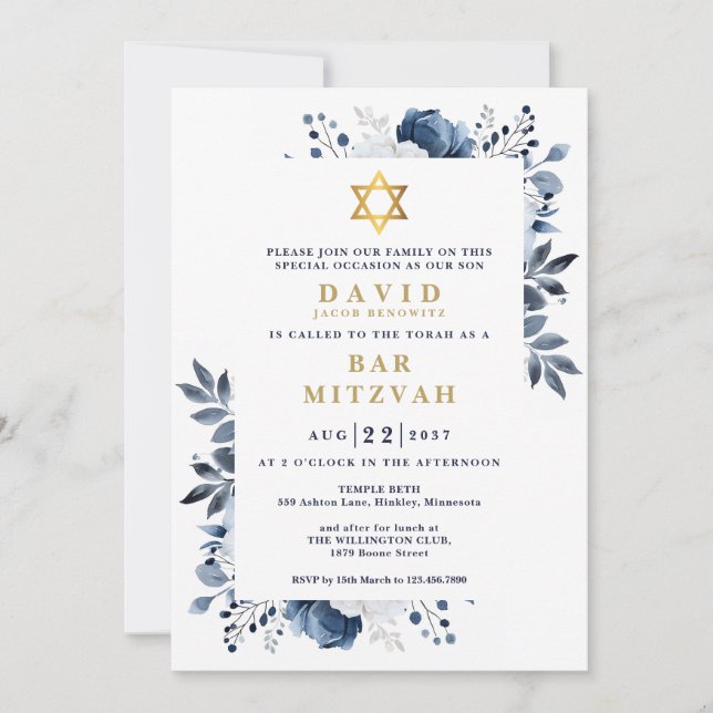 Navy Blue Floral Botanische Bar Mitzvah Bat Mitzva Einladung (Vorderseite)
