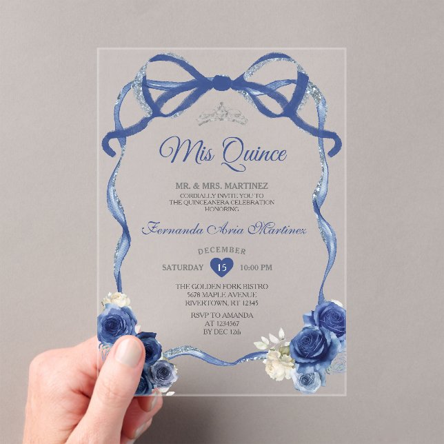Navy Blue Floral Bow Frame Silver Crown Mis Quince Acryleinladungen (Insitu (Handheld))