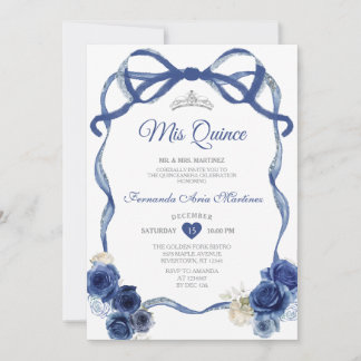 Navy Blue Floral Bow Rahmen Silver Crown Mis Quinc Einladung