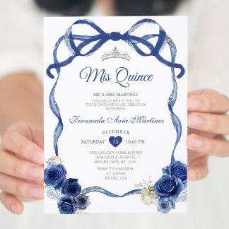Navy Blue Floral Bow Rahmen Silver Crown Mis Quinc Einladung