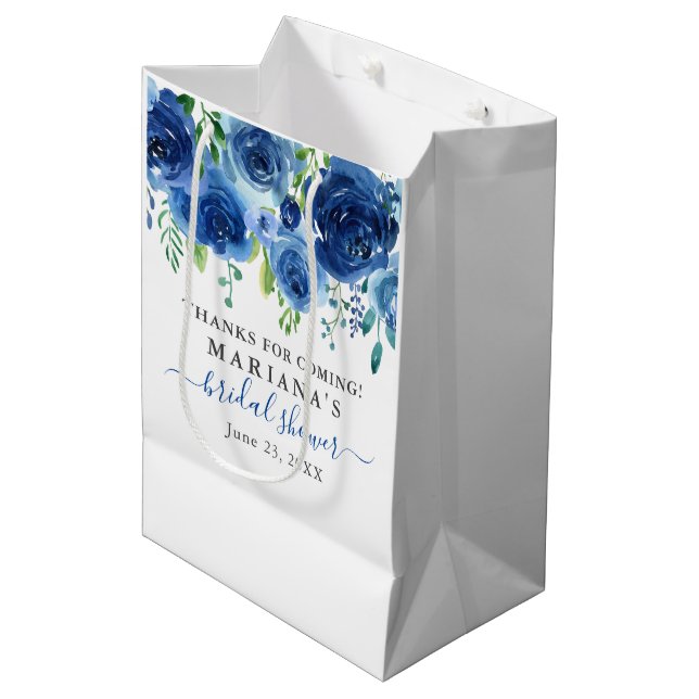Navy Blue Floral Brautparty Medium Geschenktasche Mittlere Geschenktüte (Vorderseite Schrägansicht)
