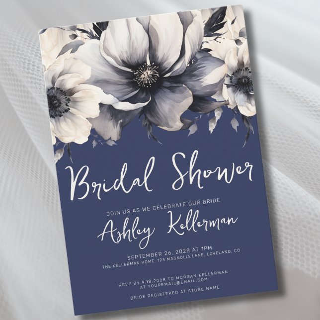 Navy Blue Floral Brautparty Party Einladung (Watercolor Floral Navy Blue Bridal Shower Party Invitation)
