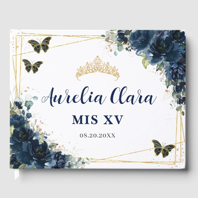 Navy Blue Floral Butterfells QUINCEAÑERA Mis XV Gästebuch (Vorderseite)