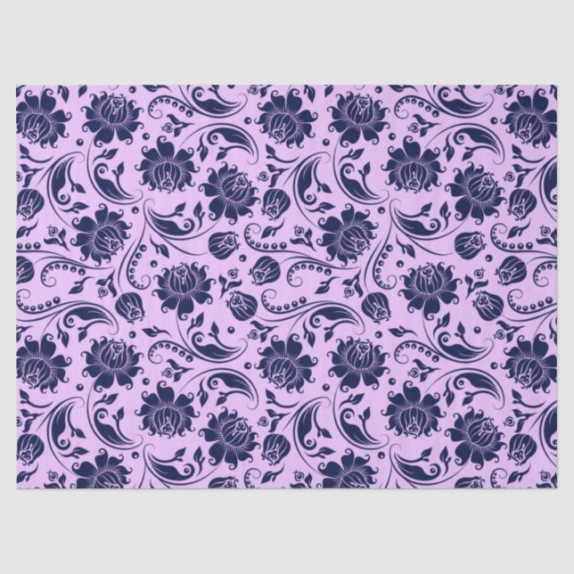 Navy Blue Floral Damasks Lavender Hintergrund Seidenpapier (Vorderseite)