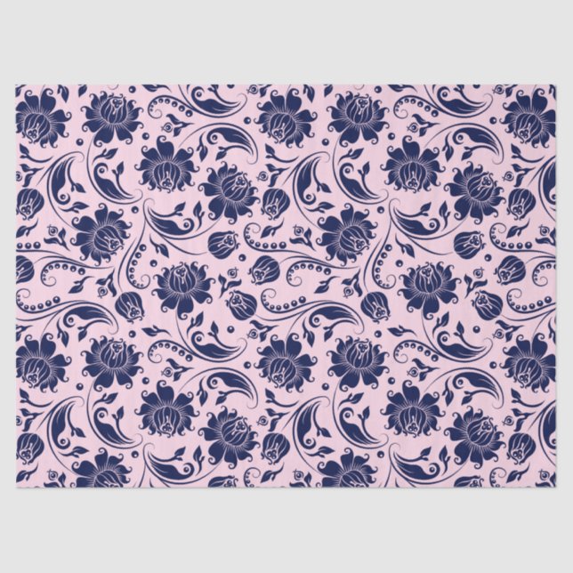 Navy Blue Floral Damaskus Rosa Hintergrund Seidenpapier (Vorderseite)
