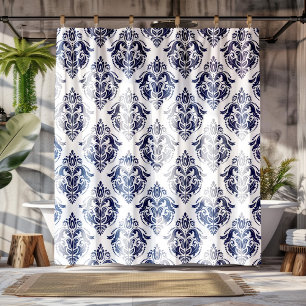 Navy Blue Floral Damaskus WhiteBackground Duschvorhang
