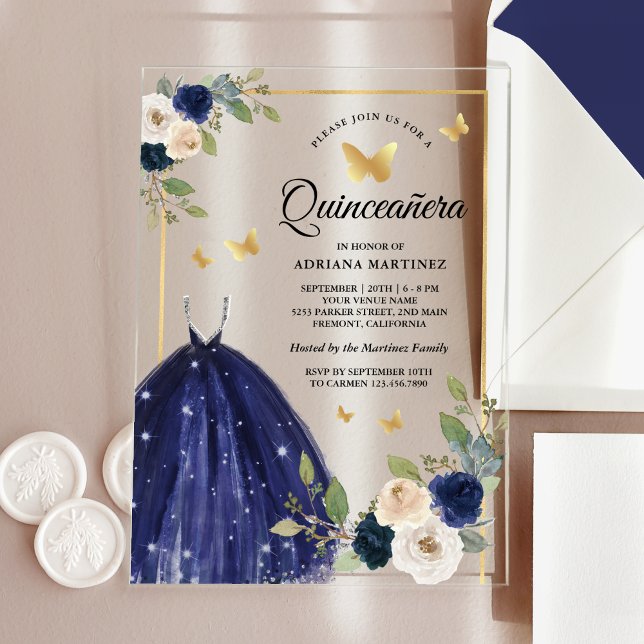 Navy Blue Floral Dress Butterfly Gold Quinceanera Acryleinladungen (Von Creator hochgeladen)