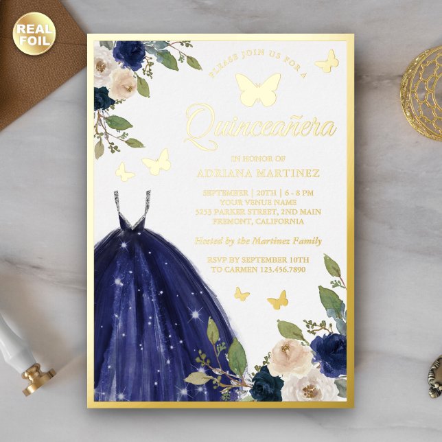 Navy Blue Floral Dress Butterfly Quinceanera Gold Folieneinladung (Von Creator hochgeladen)