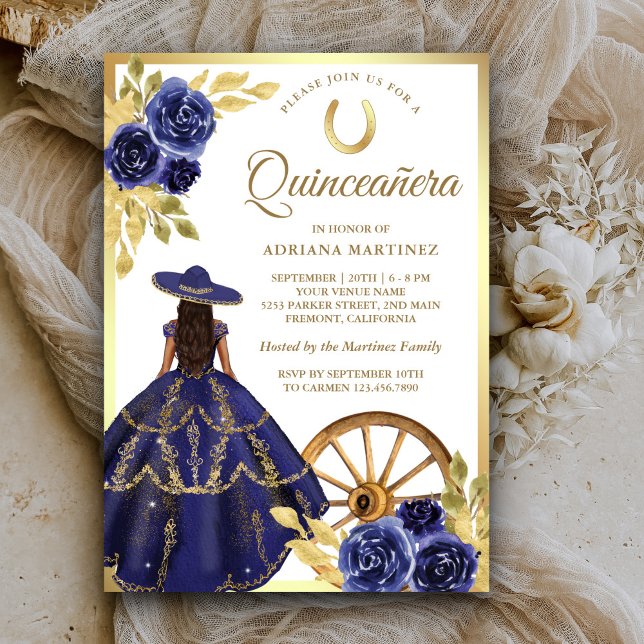 Navy Blue Floral Dress Charro Gold Quinceanera Einladung (Von Creator hochgeladen)