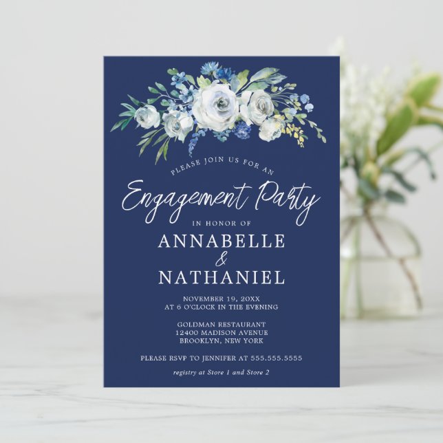 Navy Blue Floral Elegante Winter Engagement Party Einladung (Stehend Vorderseite)