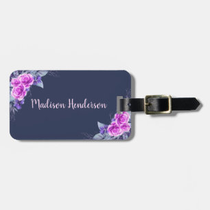Navy Blue Floral Eleganter Individuelle Name Gepäckanhänger