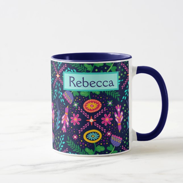 Navy Blue Floral Folk Individuelle Name Geschenk f Tasse (Rechts)