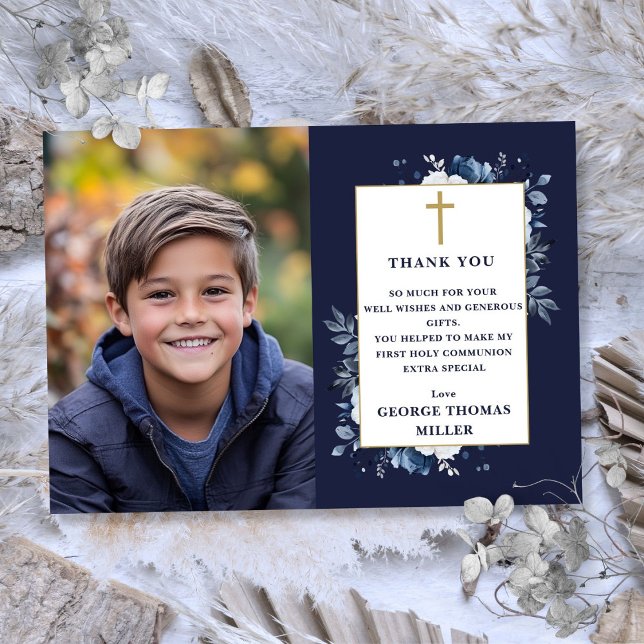 Navy Blue Floral Foto Erste Heilige Kommune Dankeskarte (Navy Blue Floral Photo First Holy Communion Thank You Card)