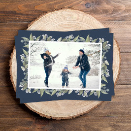 Navy Blue Floral Foto Happy Holidays Feiertagskarte