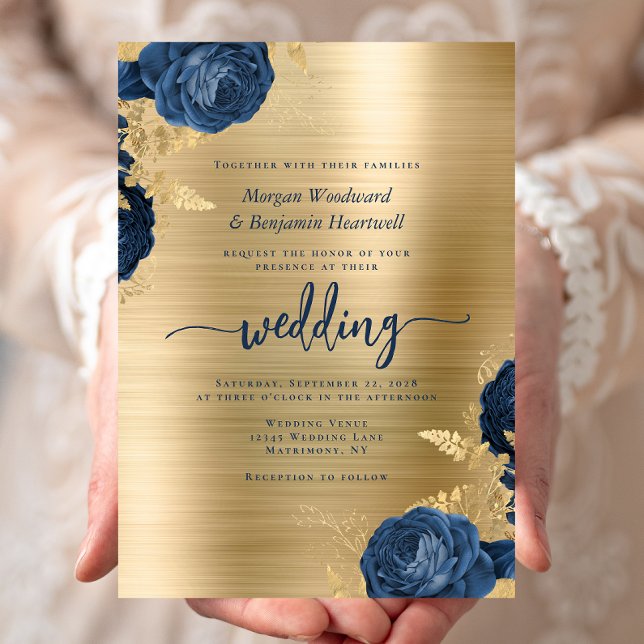 Navy Blue Floral Gold Brushed Metal Wedding Einladung (Von Creator hochgeladen)