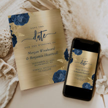 Navy Blue Floral Gold Glam Wedding Save the Date