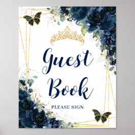 Navy Blue Floral Gold Quinceñera Gästebuch