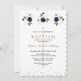 Navy Blue Floral Gold Triplets Boys Baptism   Einladung