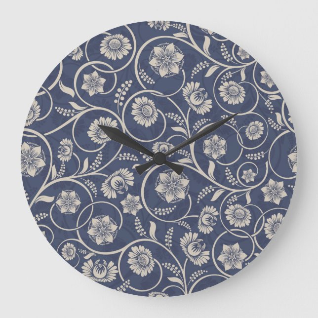 Navy Blue Floral Große Wanduhr (Vorderseite)