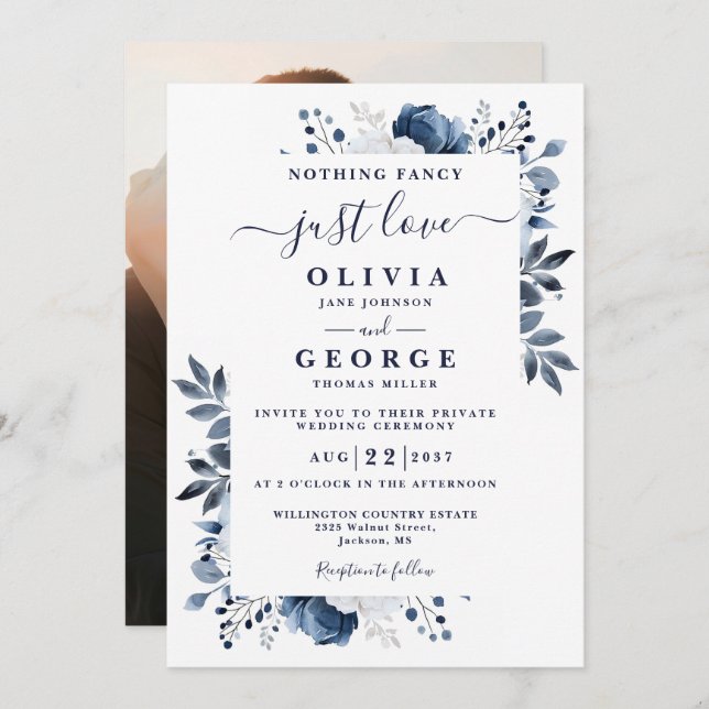 Navy Blue Floral Intimate Private Wedding Foto Einladung (Vorne/Hinten)
