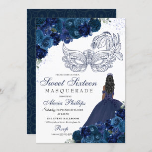 Navy Blue Floral Masquerade Sweet 16 Einladung