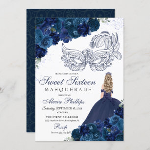 Navy Blue Floral Masquerade Sweet 16 Einladung