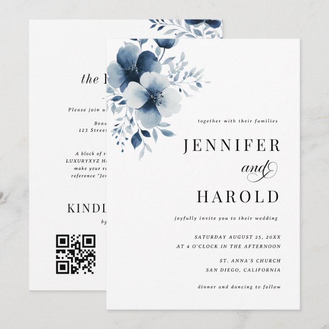 Navy Blue Floral Minimal Plain All in One Wedding Einladung (Vorne/Hinten)